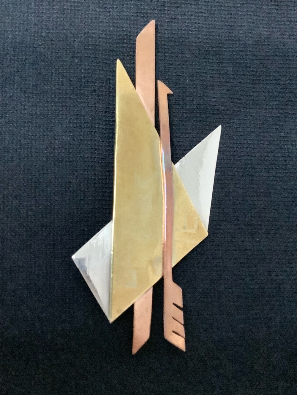 Vintage MCM Brass, Copper & Silver Geometric Pin Brooch Retro Modernist Arrow